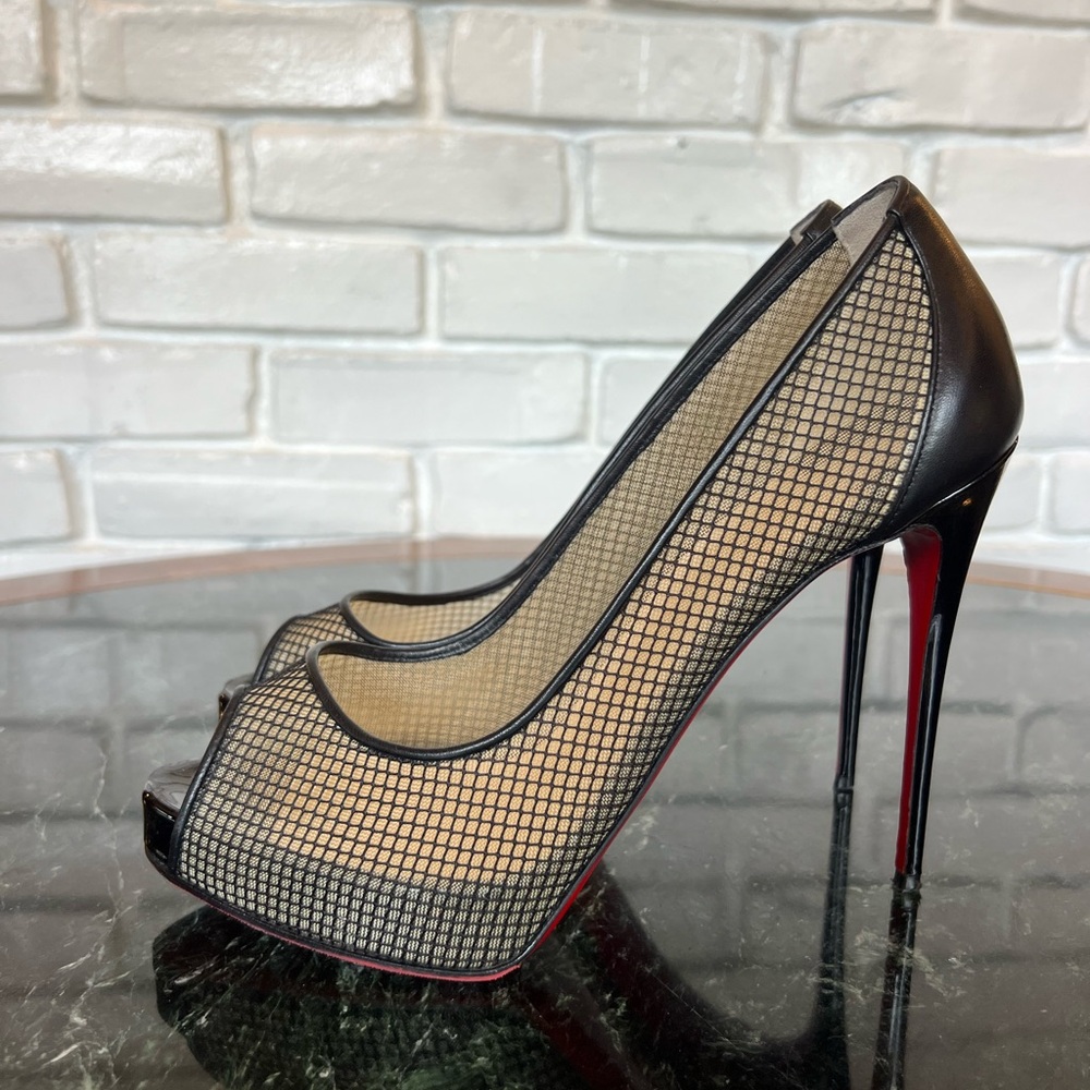 Christian Louboutin Fishnet PeepToe Platform Pumps with patent & kid leather